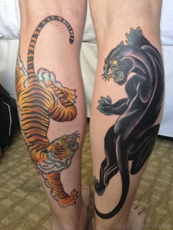 Panther And Tiger Tattoo On Both Leg Calf