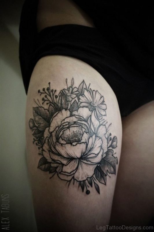 Peony Flowers Tattoo On Thigh