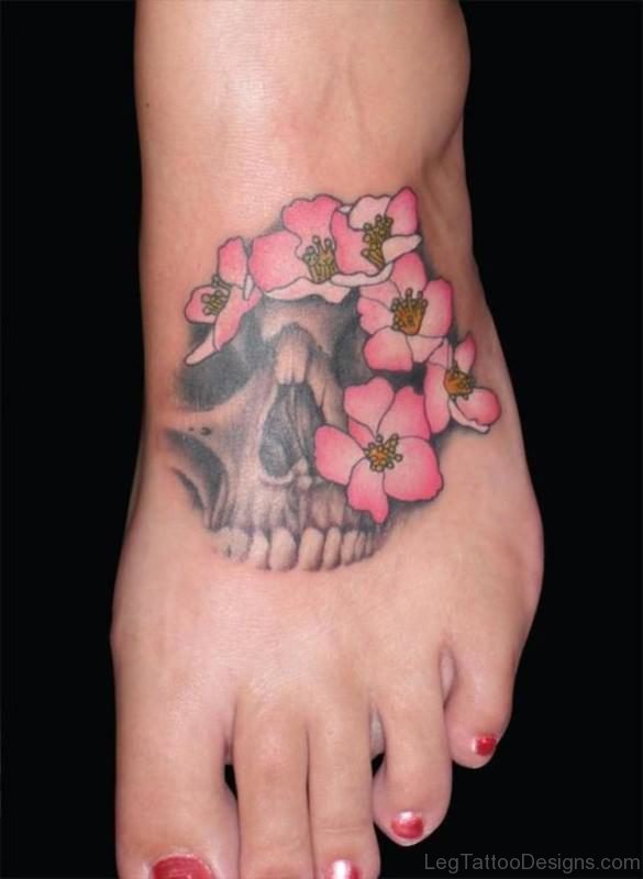 Pink Flower And Skull Tattoo