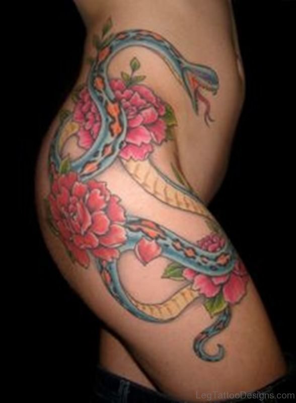 Pink Flower And Snake Tattoo