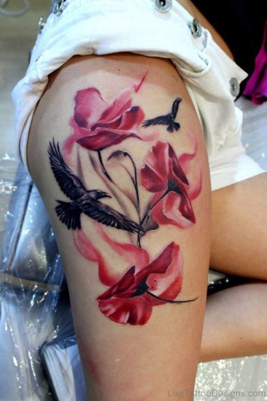 Poppy And Bird Tattoo On Thigh