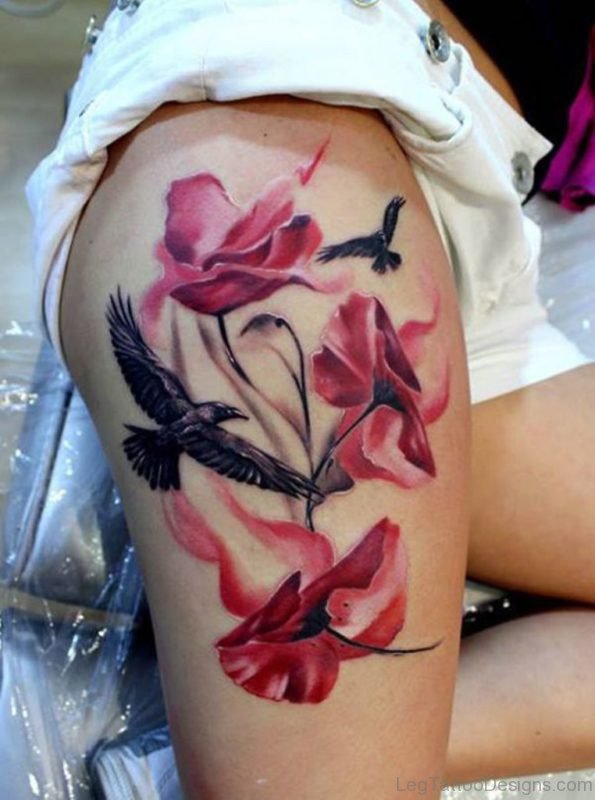 Poppy Flower And Bird Tattoo