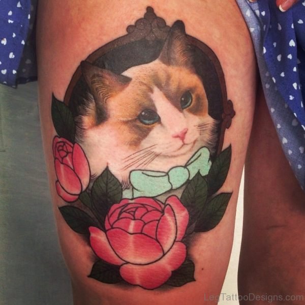 Pretty Cat Tattoo On Thigh