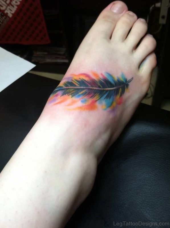 Pretty Feather Tattoo On Foot