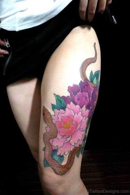 Pretty Flowers And Snake Tattoo