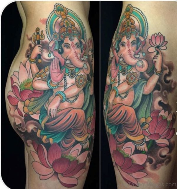 Pretty Ganesha Tattoo On Thigh