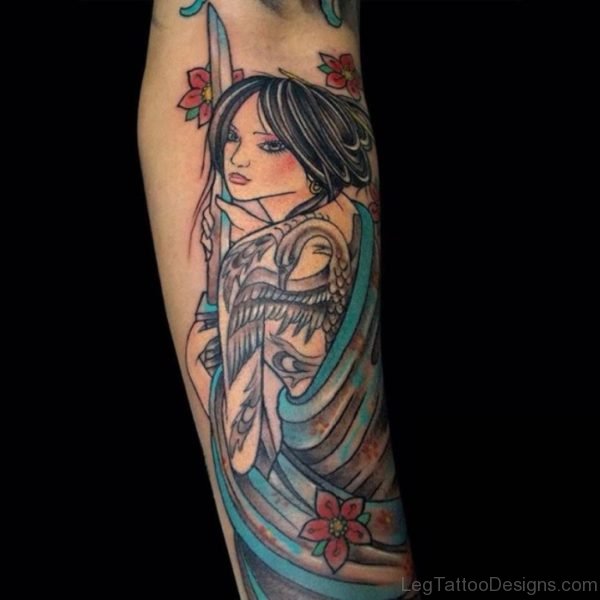 Pretty Geisha Tattoo On Leg