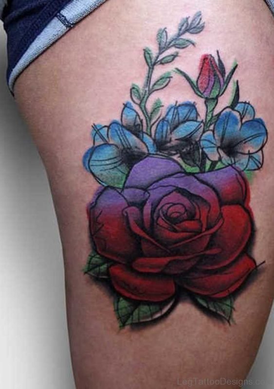 Pretty Rose Flower Tattoo On Thigh