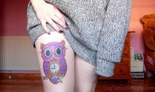 Purple Owl Clock Tattoo On Thigh