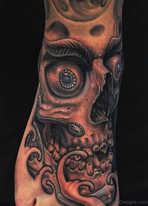 Realistic Tibetan Skull Tattoo On Foot