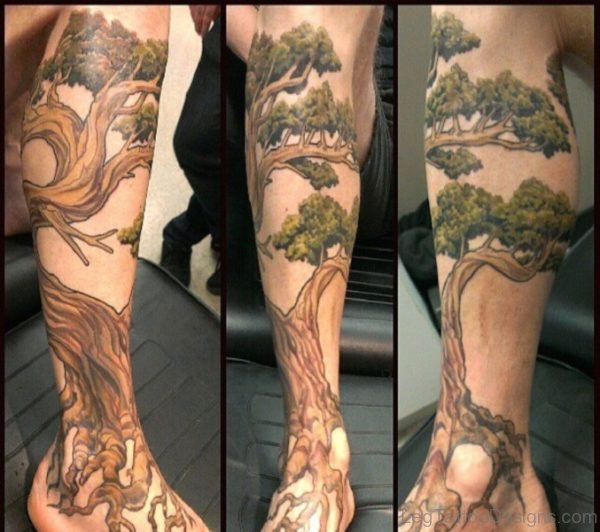 Realistic Tree Leg Sleeve Tattoo