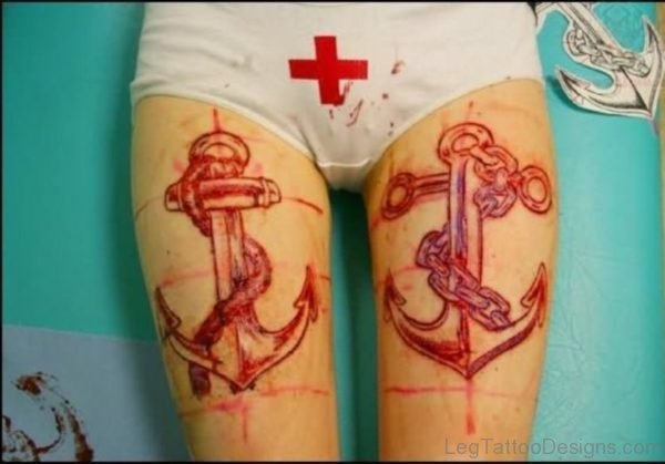 Red Anchor Thigh Tattoo