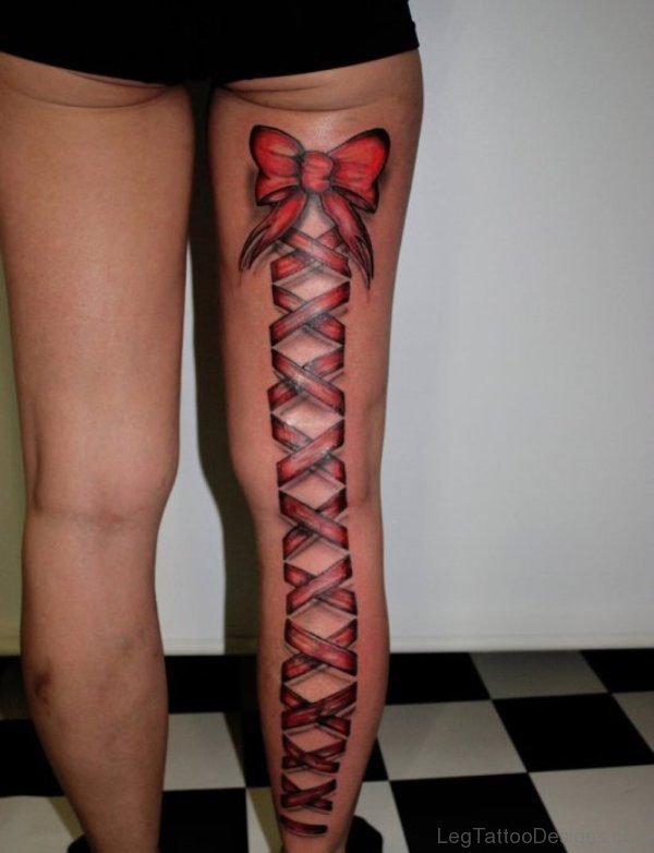 Red Bow Tattoo Design On Thigh