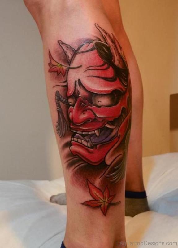 Red Ink Hannya Mask Shige Tattoo On Left Leg