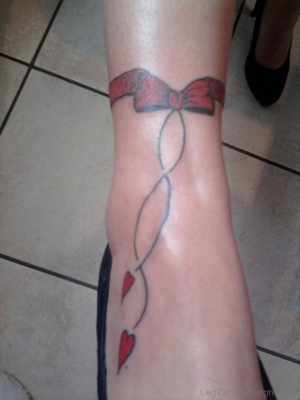 Red Ribbon Bow Tattoo On Ankle