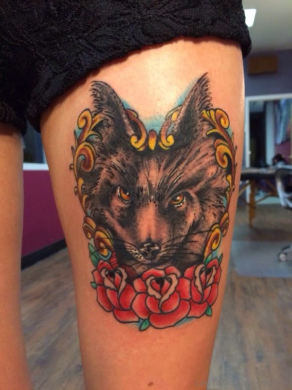 Red Rose And Fox Tattoo