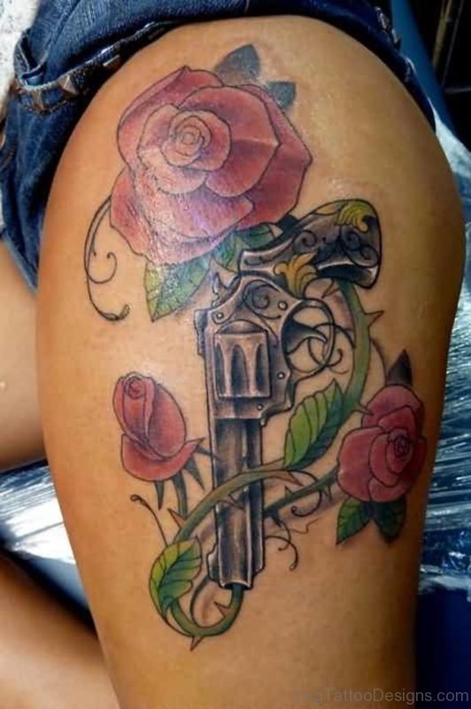 Red Rose And Gun Tattoo