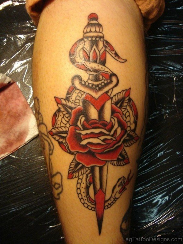 Red Rose And Snake Tattoo