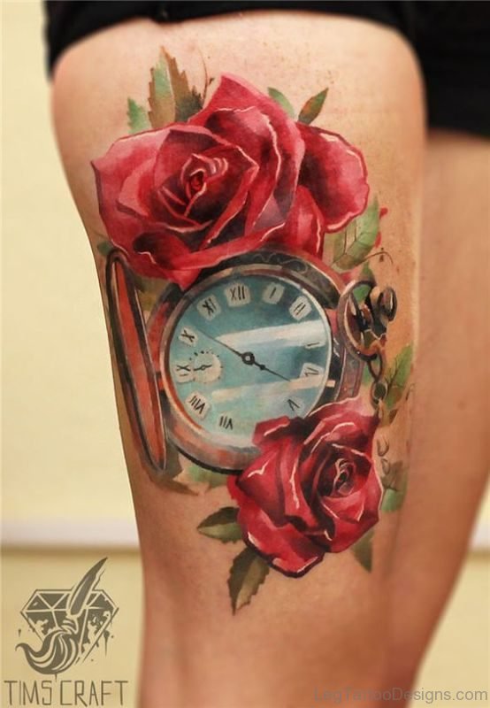 Red Rose Clock Tattoo On Thigh