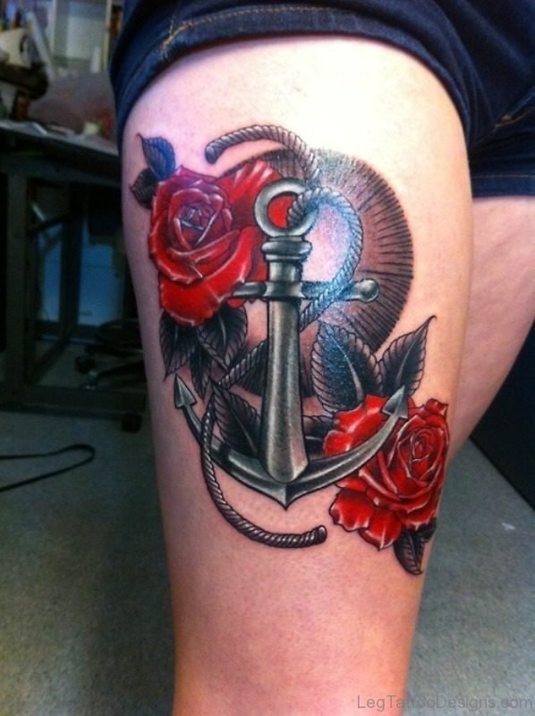 Red Rose With Anchor Tattoo On Thigh