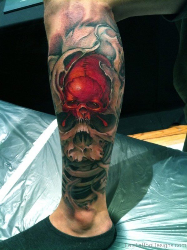 Red Skull Tattoo On Leg