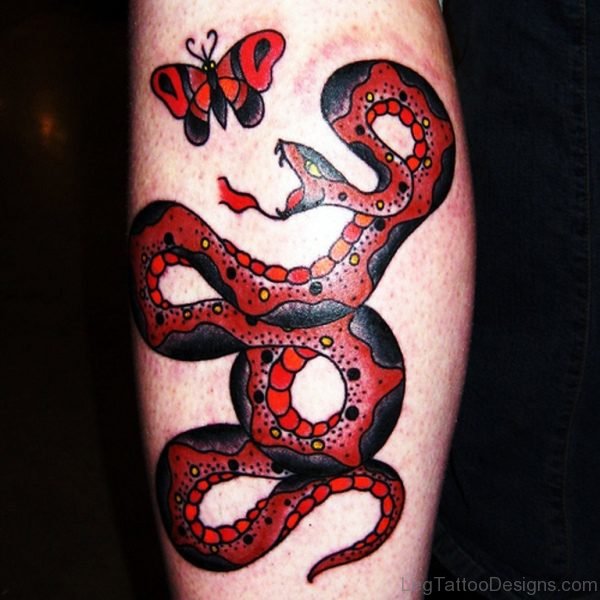 Red Snake Tattoo On Leg
