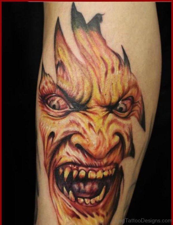 Ripped Skin Horror Zombie Face Tattoo Design For Leg Calf