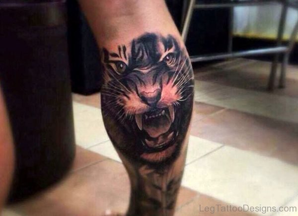 Roaring Tiger Tattoo On Leg