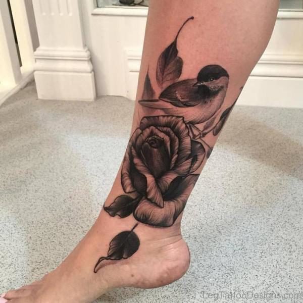 Rose And Bird Tattoo On Leg