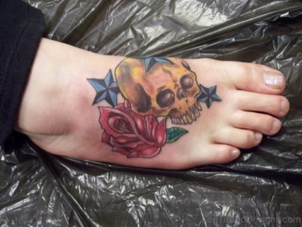 Rose And Skull Tattoo On Foot