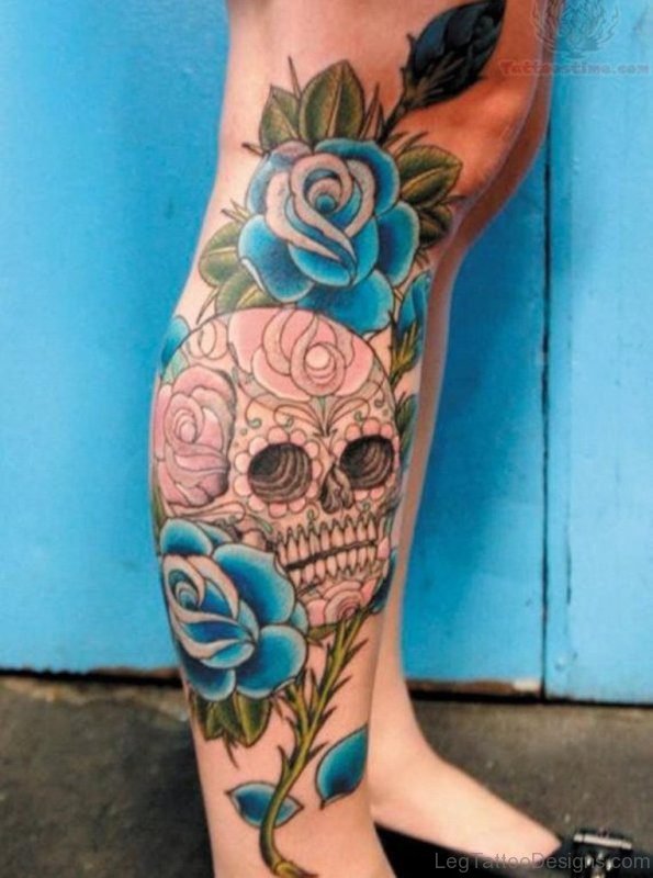 Rose And Skull Tattoo On Leg