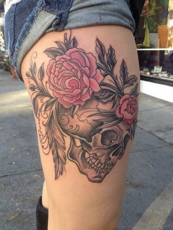 Rose And Skull Tattoo On Thigh