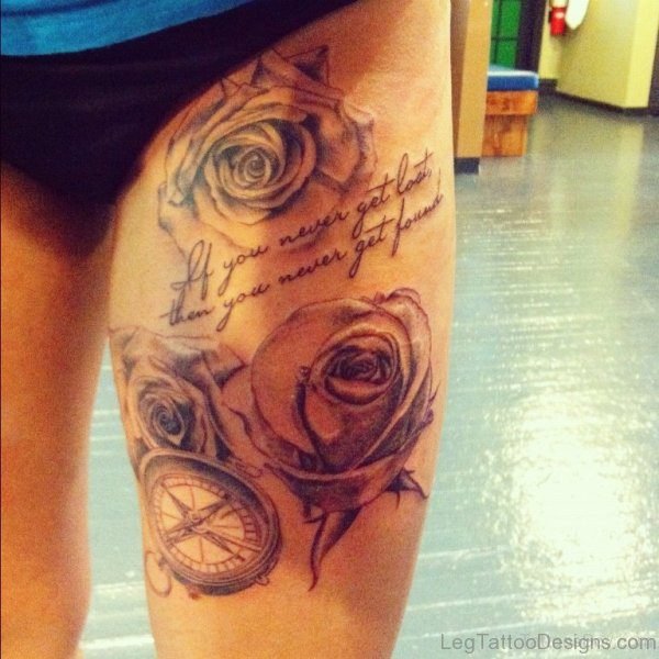 Rose And Wording Tattoo On Thigh 