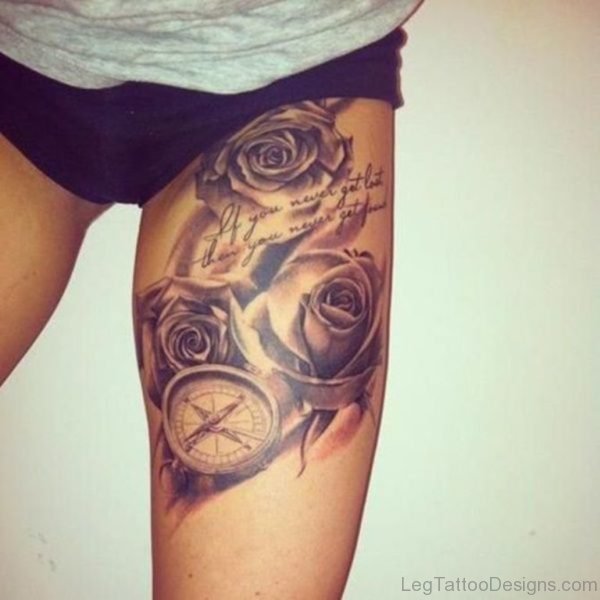 Rose And Wording Tattoo On Thigh