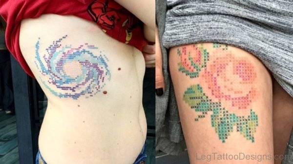 Rose Cross Stitch Tattoo On Thigh