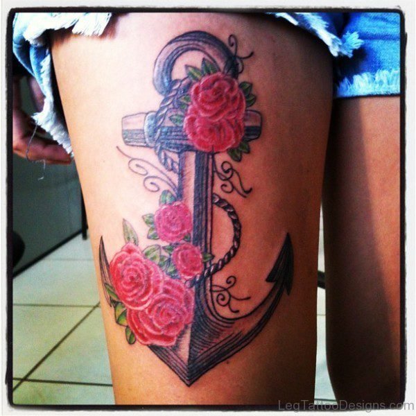 Roses n Anchor Tattoo On Thigh
