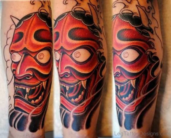 Scary Red Hannya Mask Tattoo On Leg
