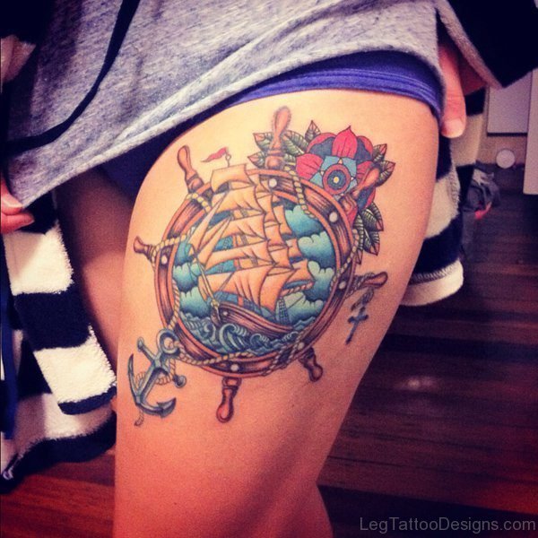 Ship And Anchor Tattoo On Thigh