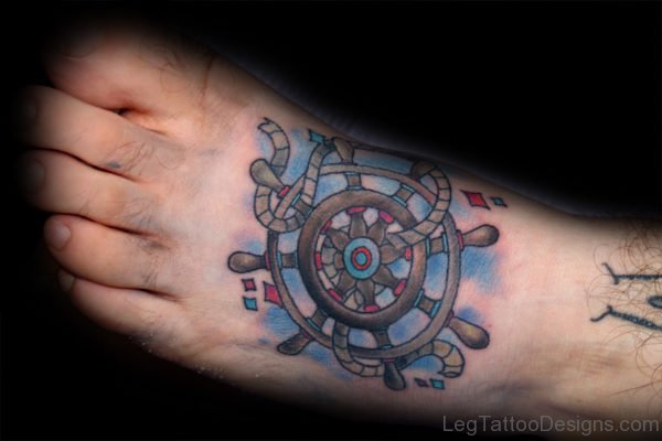Ship Wheel Tattoo On Foot