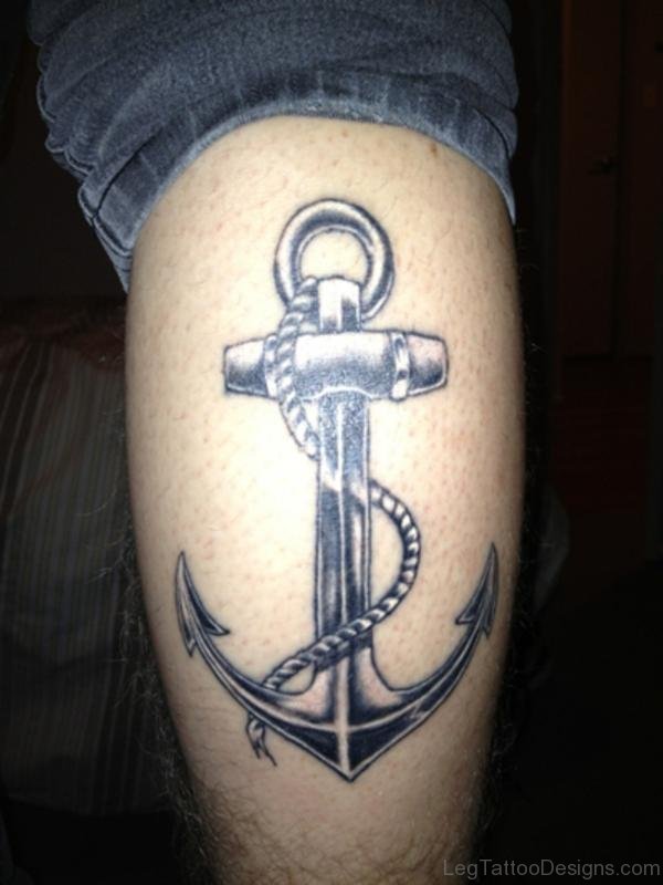 Simple Black Anchor Leg Tattoo