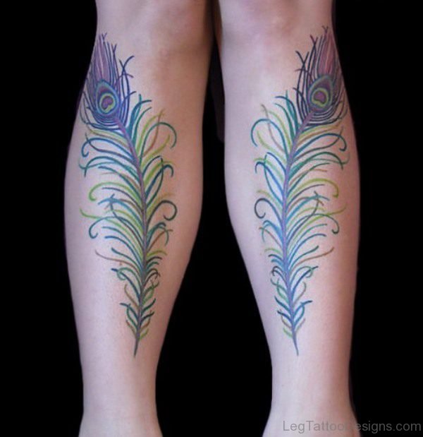 Simple Peacock Feather Tattoo On Leg