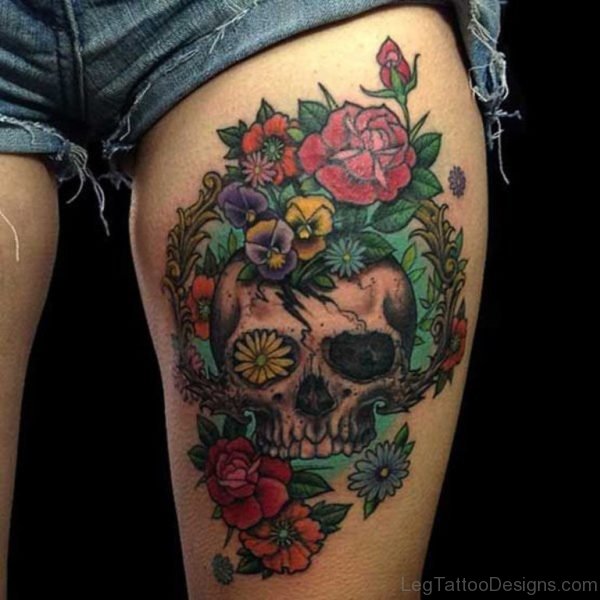 Skull And Flower Tattoo On Thigh
