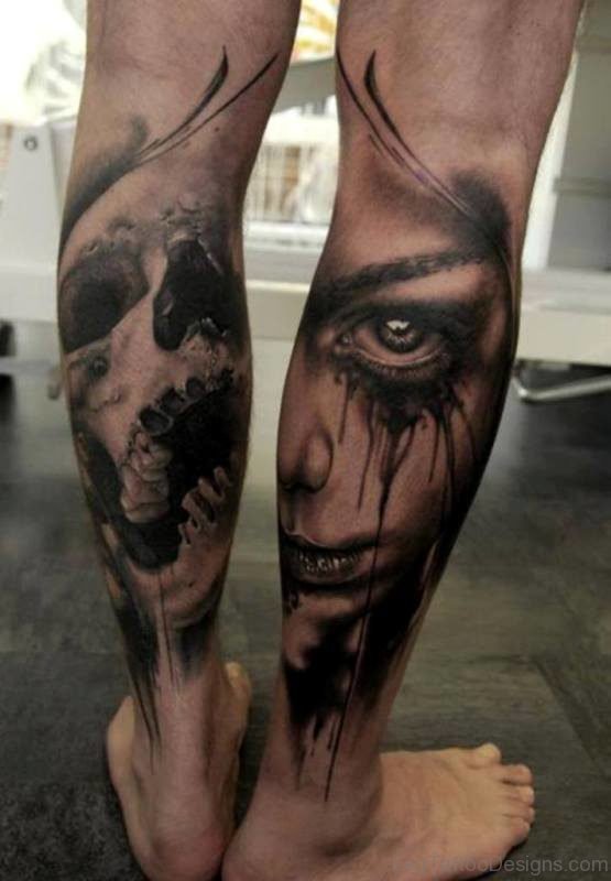 Skull And Girl Face Tattoo