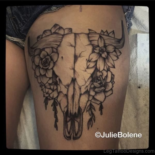 Skull Taurus Tattoo On Thigh