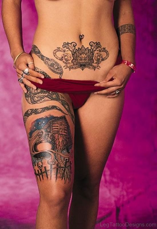 Snake Tattoo On Girl Thigh