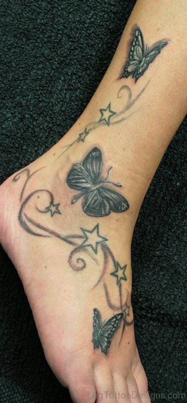 Star And Butterfly Tattoo On Foot