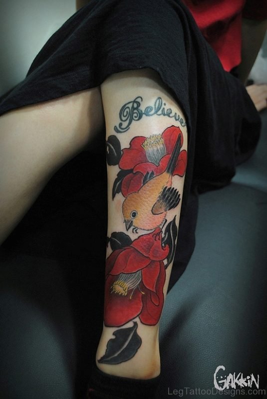 Stylish Bird And Flower Tattoo On Leg