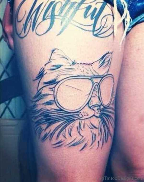 Stylish Cat Tattoo On Thigh
