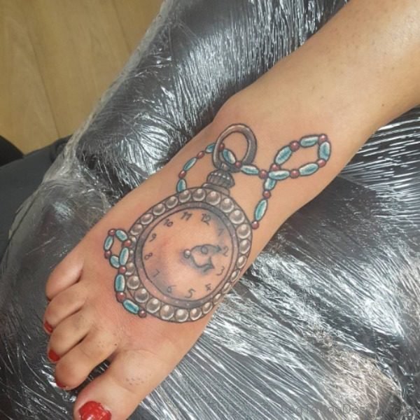 Stylish Clock Tattoo On Foot