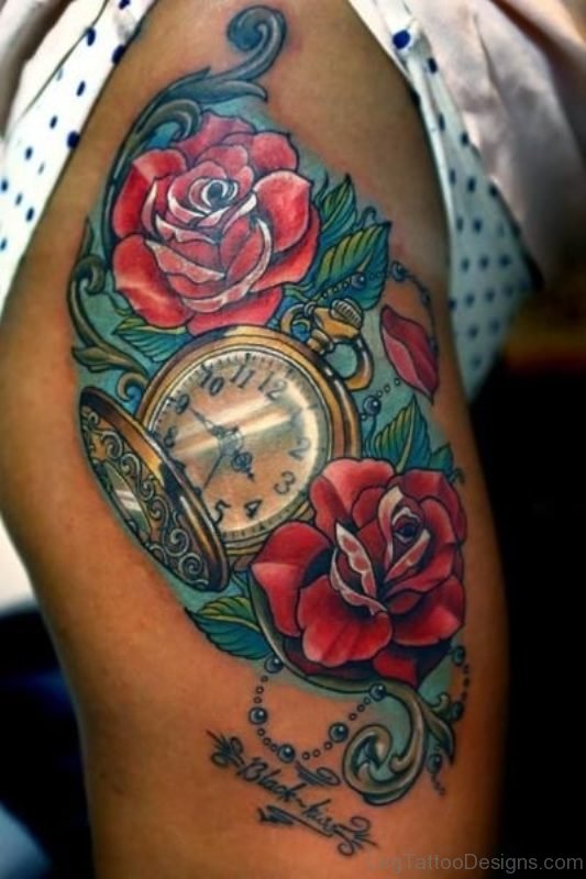 Stylish Clock Tattoo On Thigh